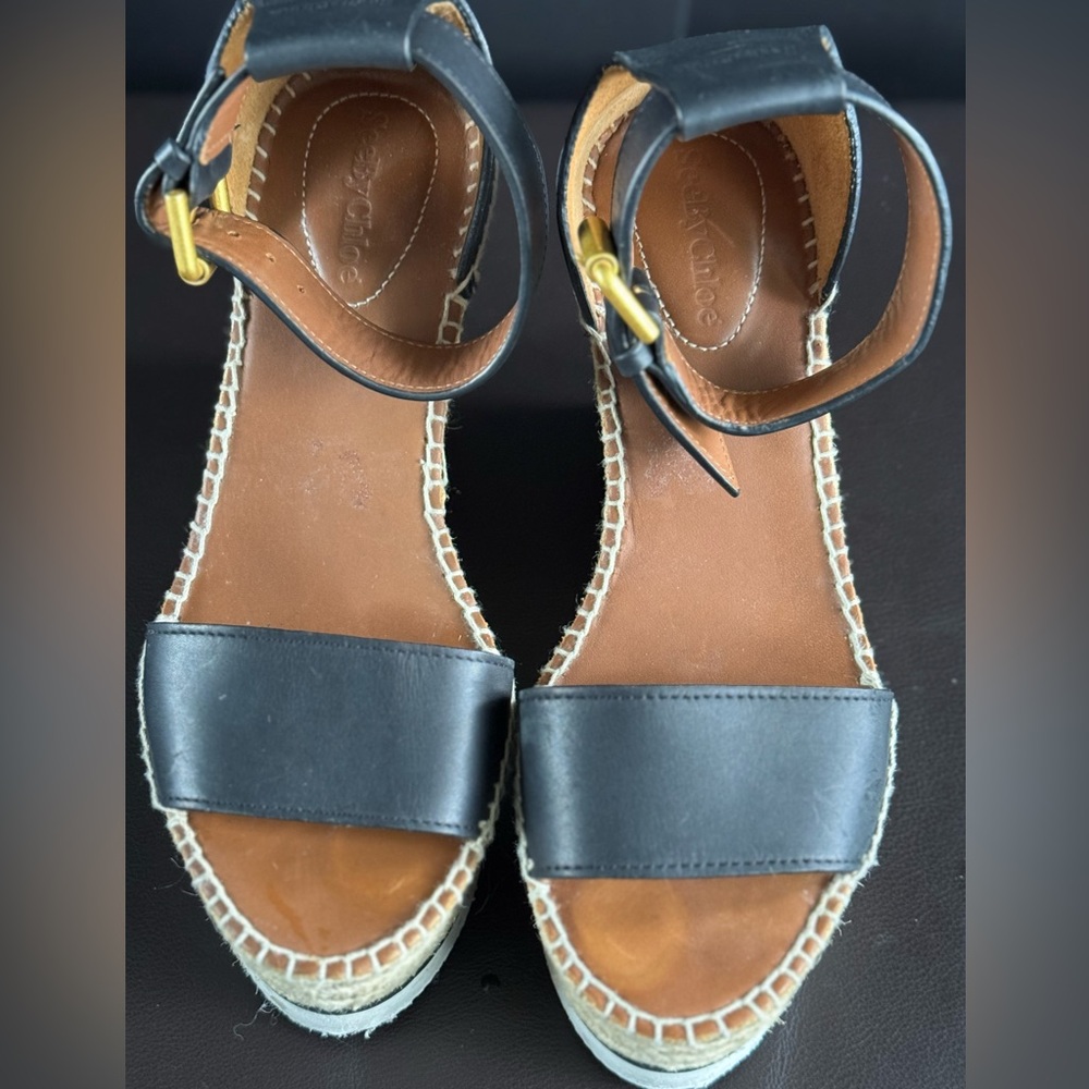 See By Chloe Black Leather Espadrille Wedge Sandal with Gold Buckle - Picture 8 of 8